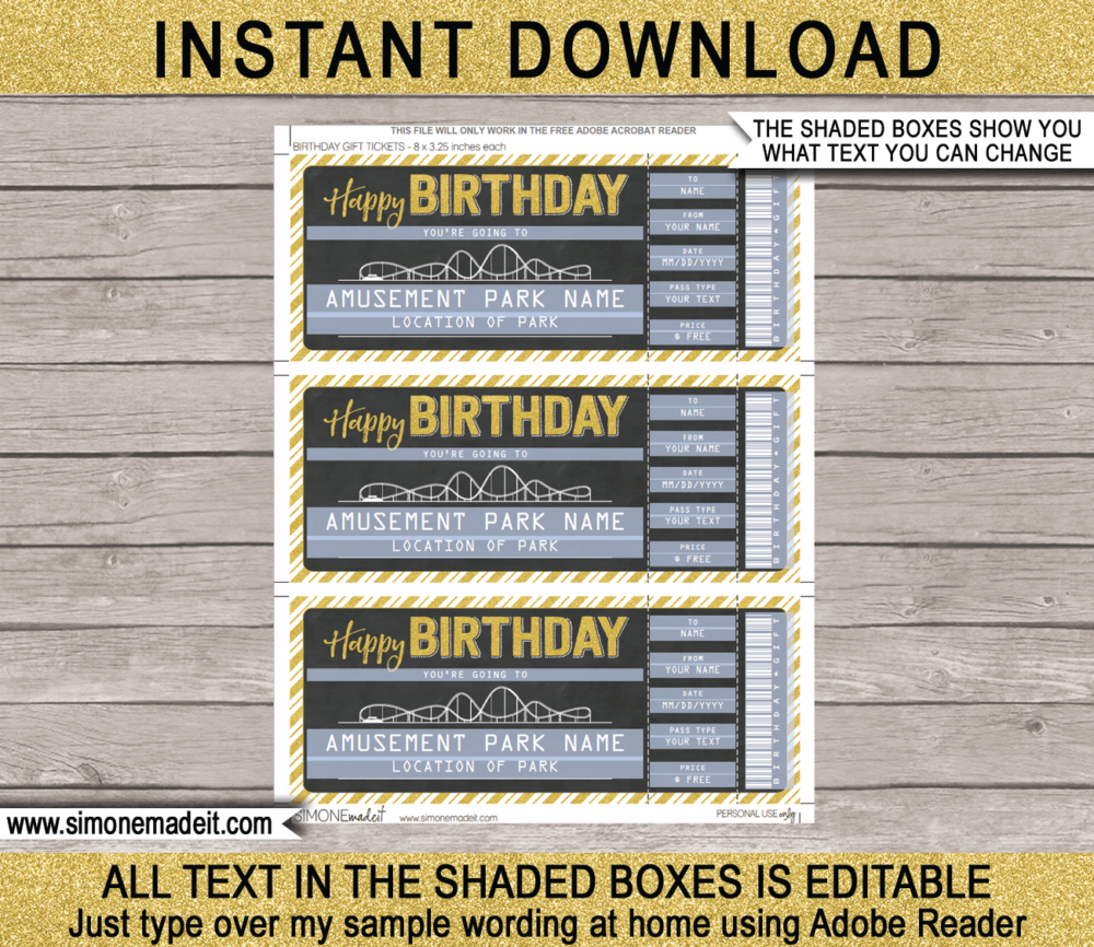 Printable Birthday Amusement Park Ticket Gift Voucher | Theme Park Tickets | Gold & Chalkboard | Surprise Tickets to an Amusement Park, Theme Park | Fake Park Tickets | Birthday Present | Daily, Season, Yearly Passes | DIY Editable Template | INSTANT DOWNLOAD via giftsbysimonemadeit.com
