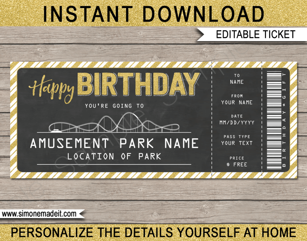 Printable Birthday Amusement Park Ticket Gift Voucher | Theme Park Tickets | Gold & Chalkboard | Surprise Tickets to an Amusement Park, Theme Park | Fake Park Tickets | Birthday Present | Daily, Season, Yearly Passes | DIY Editable Template | INSTANT DOWNLOAD via giftsbysimonemadeit.com