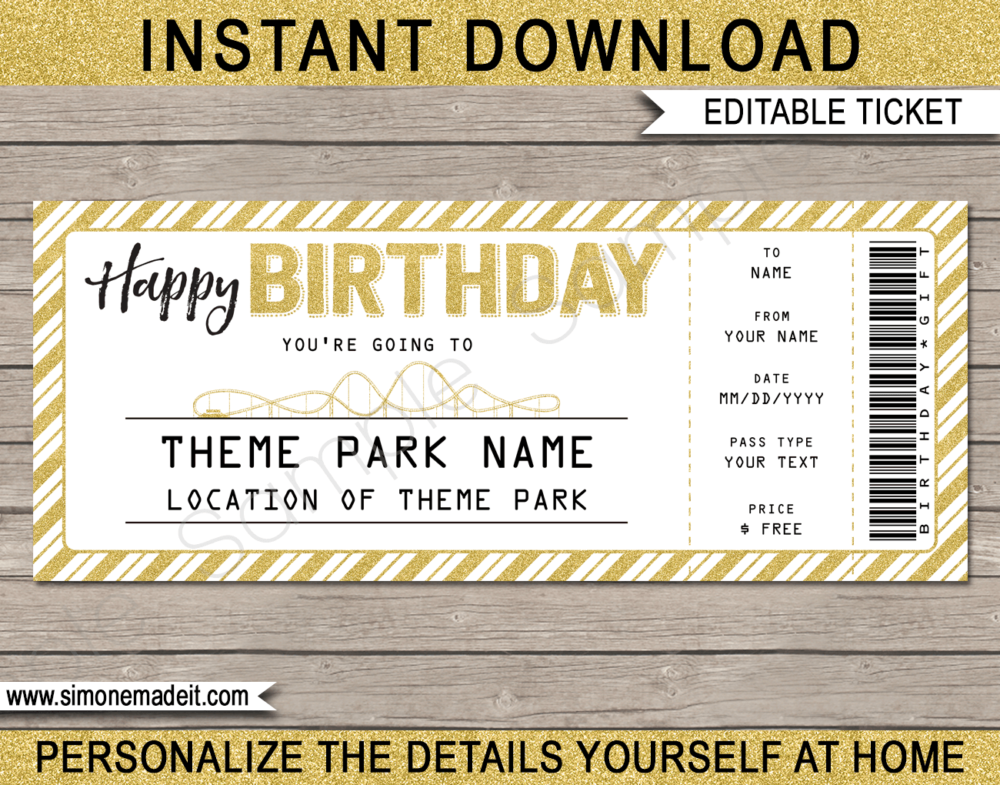 Printable Birthday Amusement Park Ticket Gift Voucher | Theme Park Tickets | Gold Glitter | Surprise Tickets to an Amusement Park, Theme Park | Fake Park Tickets | Birthday Present | Daily, Season, Yearly Passes | DIY Editable Template | INSTANT DOWNLOAD via giftsbysimonemadeit.com