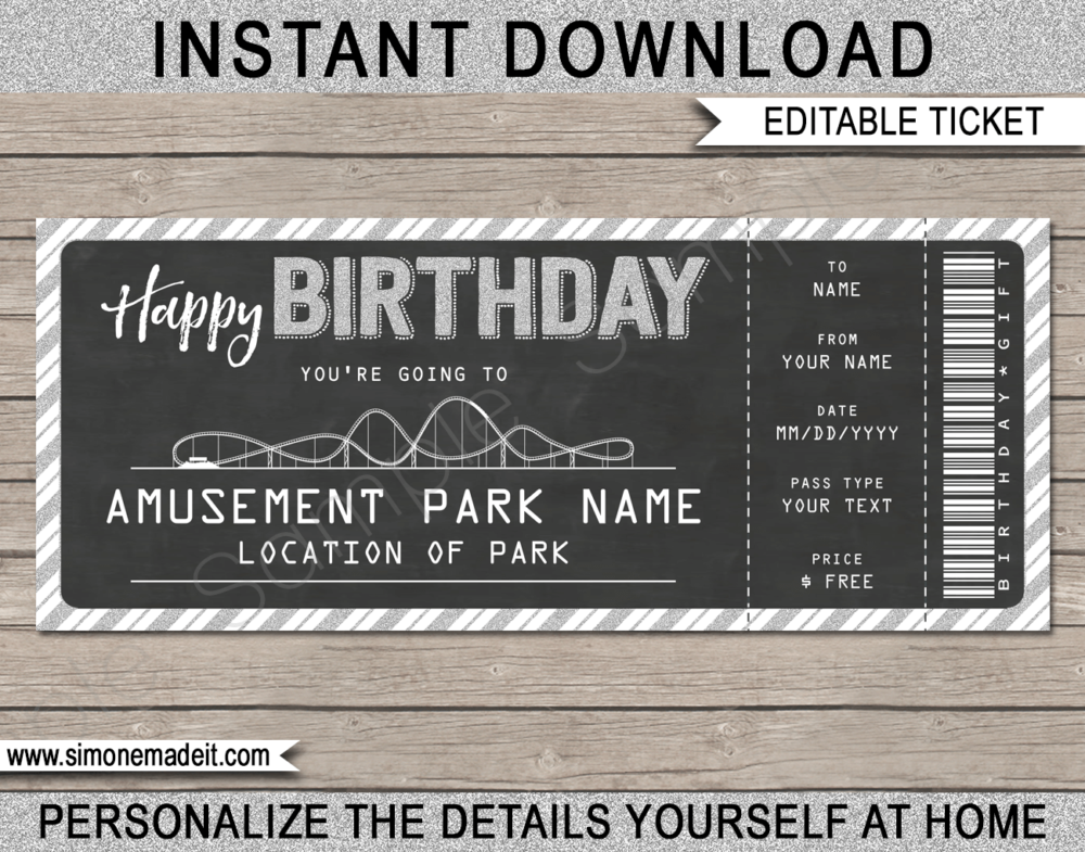 Printable Chalkboard Birthday Theme Park Ticket Gift Voucher | Amusement Park Tickets | Surprise Tickets to an Amusement Park, Theme Park | Fake Park Tickets | Birthday Present | Daily, Season, Yearly Passes | DIY Editable Template | INSTANT DOWNLOAD via giftsbysimonemadeit.com