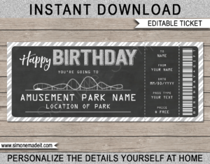 Printable Chalkboard Birthday Theme Park Ticket Gift Voucher | Amusement Park Tickets | Surprise Tickets to an Amusement Park, Theme Park | Fake Park Tickets | Birthday Present | Daily, Season, Yearly Passes | DIY Editable Template | INSTANT DOWNLOAD via giftsbysimonemadeit.com