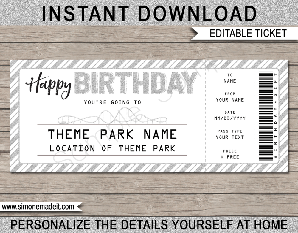 Printable Silver Birthday Theme Park Ticket Gift Voucher | Amusement Park Tickets | Surprise Tickets to an Amusement Park, Theme Park | Fake Park Tickets | Birthday Present | Daily, Season, Yearly Passes | DIY Editable Template | INSTANT DOWNLOAD via giftsbysimonemadeit.com