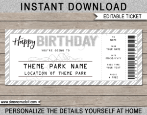 Printable Silver Birthday Theme Park Ticket Gift Voucher | Amusement Park Tickets | Surprise Tickets to an Amusement Park, Theme Park | Fake Park Tickets | Birthday Present | Daily, Season, Yearly Passes | DIY Editable Template | INSTANT DOWNLOAD via giftsbysimonemadeit.com