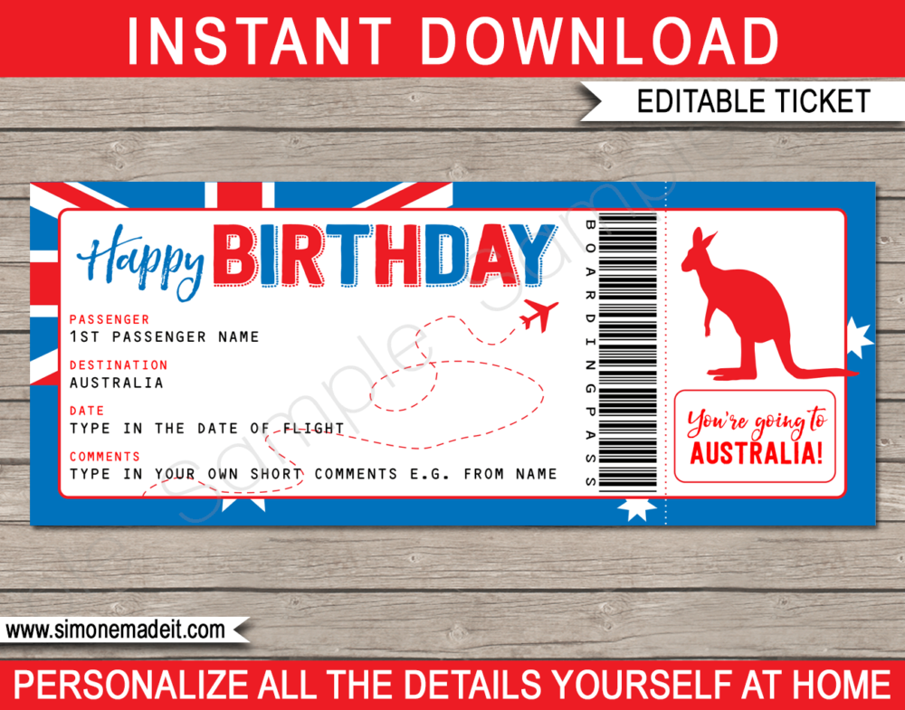 Birthday Australia Trip Boarding Pass Gift template | Surprise Down Under Trip, Flight Getaway, Holiday, Vacation | Faux Fake Boarding Pass | Birthday Present | DIY Editable Template | Instant Download via giftsbysimonemadeit.com