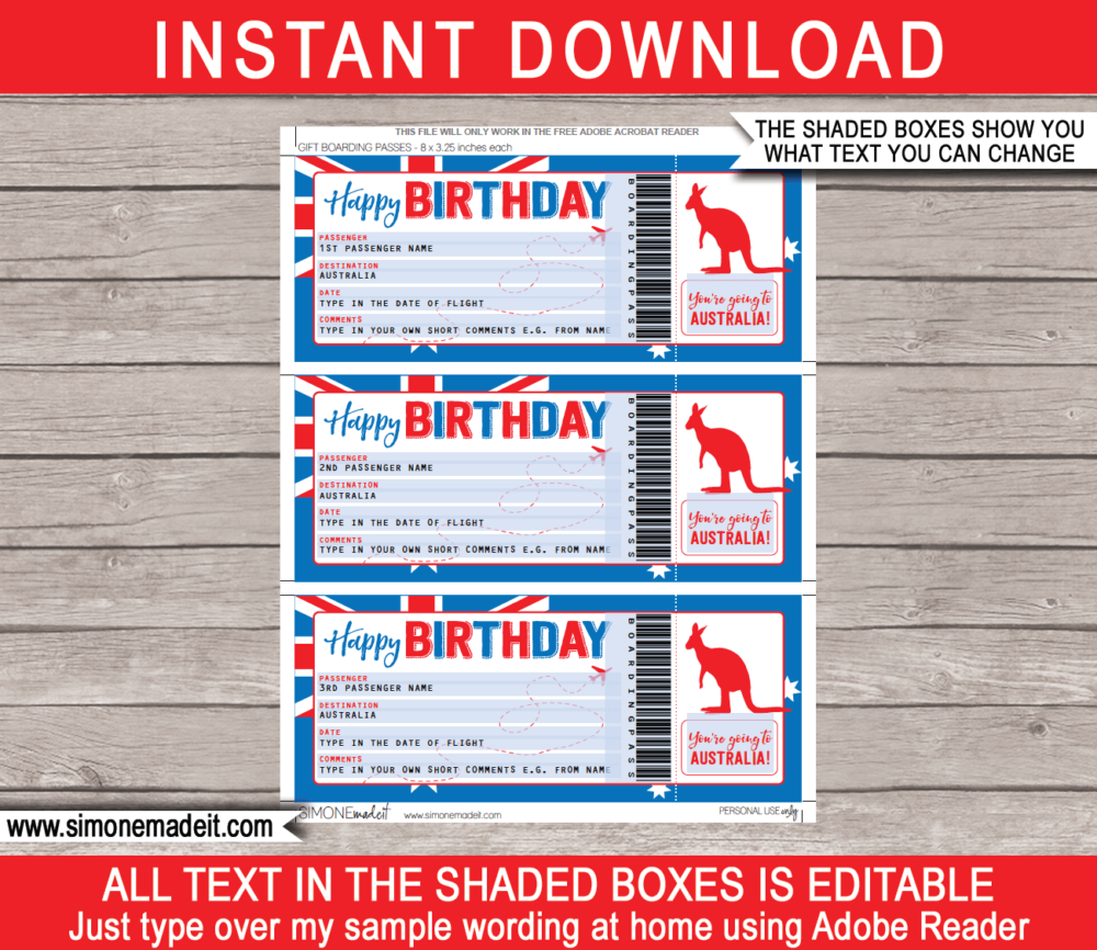 Birthday Australia Trip Boarding Pass Gift template | Surprise Down Under Trip, Flight Getaway, Holiday, Vacation | Faux Fake Boarding Pass | Birthday Present | DIY Editable Template | Instant Download via giftsbysimonemadeit.com