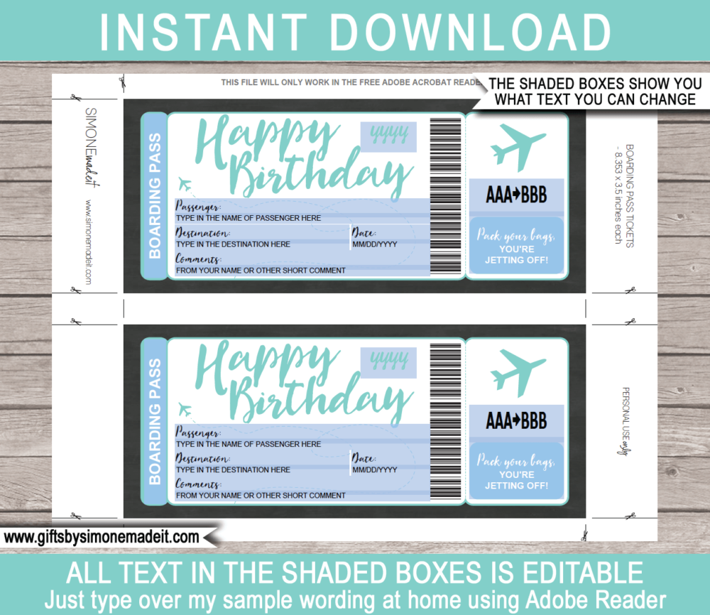 Printable Aqua Birthday Surprise Trip Boarding Pass Template | Fake Plane Ticket Gift | Surprise Birthday Trip Reveal | Flight, Holiday, Getaway, Vacation | INSTANT DOWNLOAD via giftsbysimonemadeit.com