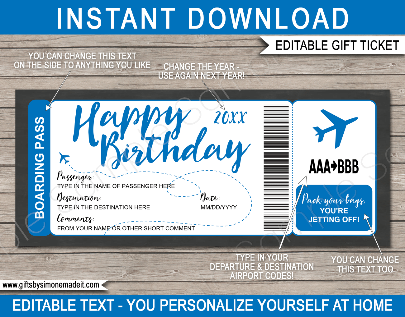 Printable Blue Birthday Surprise Trip Boarding Pass Template | Fake Plane Ticket Gift | Surprise Birthday Trip Reveal | Flight, Holiday, Getaway, Vacation | INSTANT DOWNLOAD via giftsbysimonemadeit.com