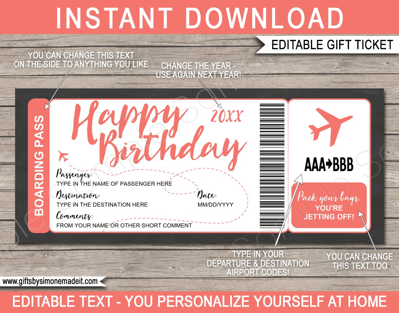 Birthday Gift Airplane Ticket Printable Boarding Pass Voucher