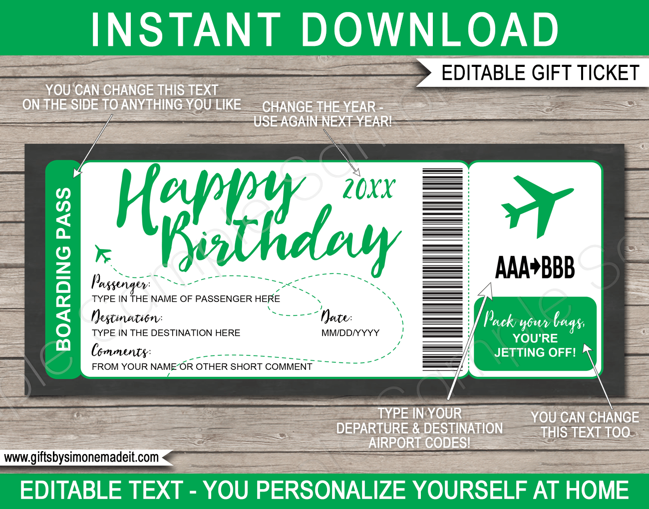 Printable Green Birthday Surprise Trip Boarding Pass Template | Fake Plane Ticket Gift | Surprise Birthday Trip Reveal | Flight, Holiday, Getaway, Vacation | INSTANT DOWNLOAD via giftsbysimonemadeit.com