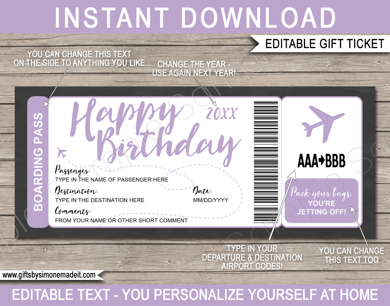 Printable Lilac Birthday Surprise Trip Boarding Pass Template | Fake Plane Ticket Gift | Surprise Birthday Trip Reveal | Flight, Holiday, Getaway, Vacation | INSTANT DOWNLOAD via giftsbysimonemadeit.com