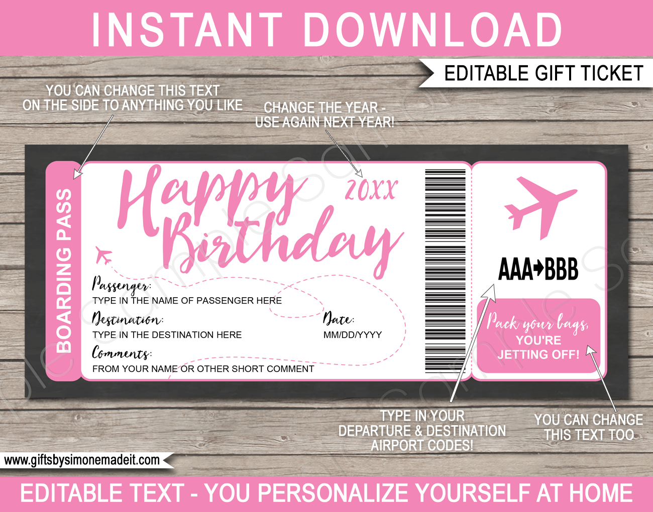 Printable Pink Birthday Surprise Trip Boarding Pass Template | Fake Plane Ticket Gift | Surprise Birthday Trip Reveal | Flight, Holiday, Getaway, Vacation | INSTANT DOWNLOAD via giftsbysimonemadeit.com