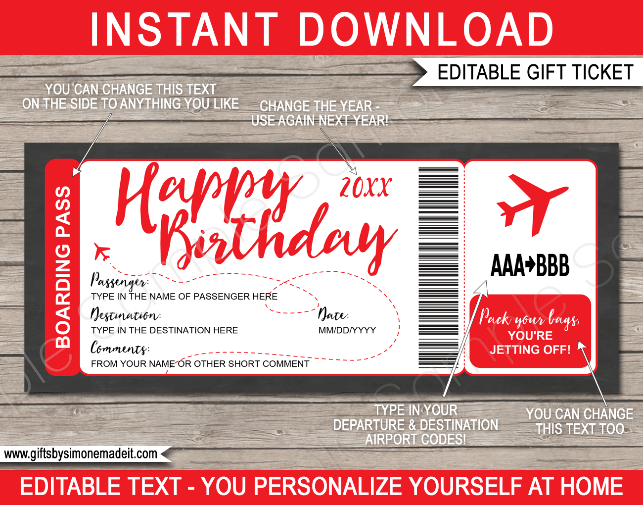 Printable Red Birthday Surprise Trip Boarding Pass Template | Fake Plane Ticket Gift | Surprise Birthday Trip Reveal | Flight, Holiday, Getaway, Vacation | INSTANT DOWNLOAD via giftsbysimonemadeit.com