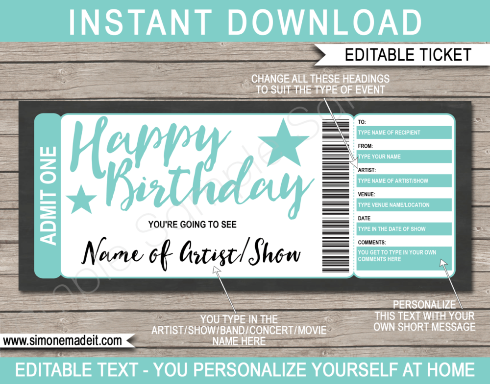 Printable Aqua Concert Ticket Birthday Gift Certificate template - Surprise Birthday Present to a Concert | Aqua | Editable & Printable DIY Voucher | Last Minute Surprise Gift | Concert, Show, Performance, Band, Artist, Music Festival, Movie | Instant Download via giftsbysimonemadeit.com
