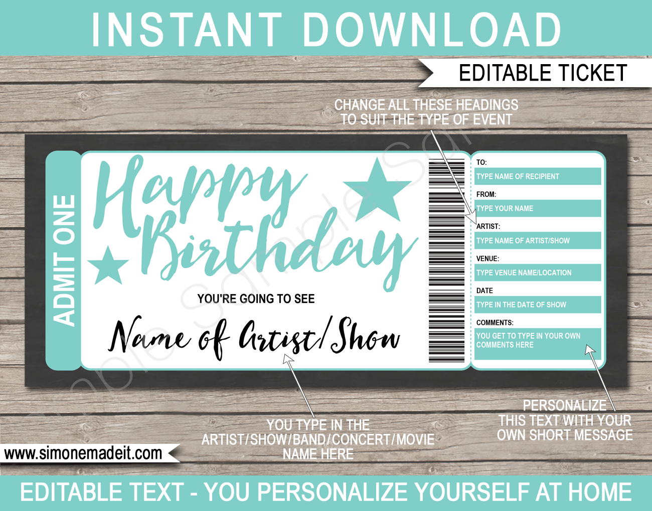 concert ticket birthday gift certificate template surprise concert tickets