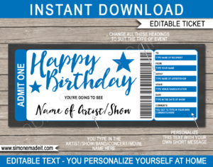 Printable Blue Concert Ticket Birthday Gift Certificate template - Surprise Birthday Present to a Concert | Aqua | Editable & Printable DIY Voucher | Last Minute Surprise Gift | Concert, Show, Performance, Band, Artist, Music Festival, Movie | Instant Download via giftsbysimonemadeit.com