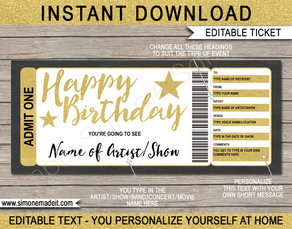 Printable Birthday Concert Ticket Gift Voucher template - Surprise Birthday Present to a Concert | Gold Glitter | Editable & Printable DIY Voucher | Last Minute Surprise Gift | Concert, Show, Performance, Band, Artist, Music Festival, Movie | Instant Download via giftsbysimonemadeit.com