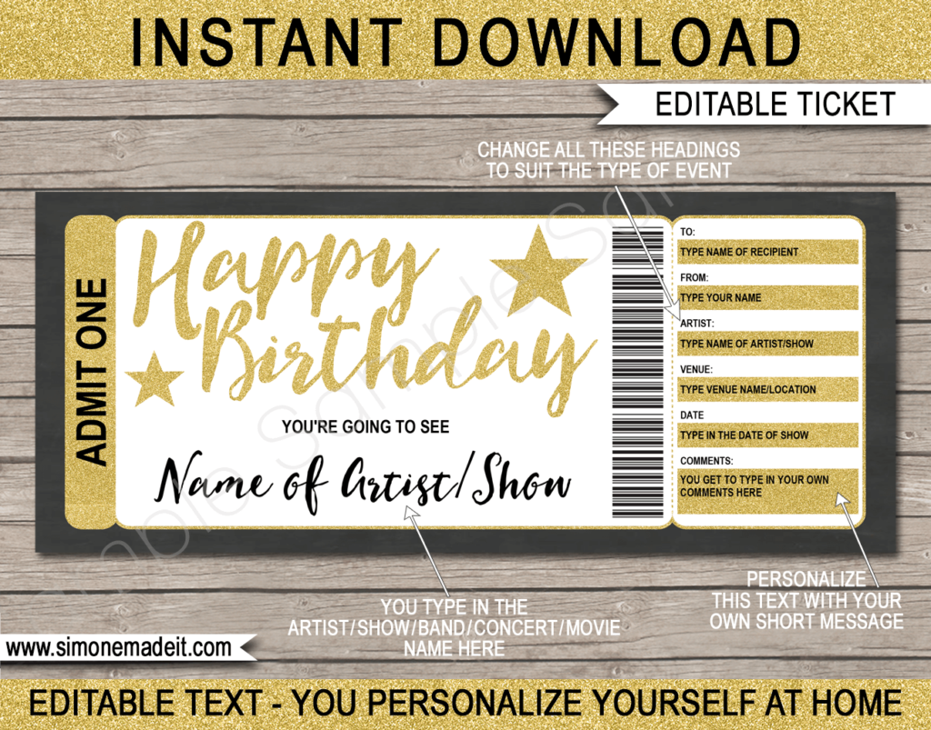 Printable Birthday Concert Ticket Gift Voucher template - Surprise Birthday Present to a Concert | Gold Glitter | Editable & Printable DIY Voucher | Last Minute Surprise Gift | Concert, Show, Performance, Band, Artist, Music Festival, Movie | Instant Download via giftsbysimonemadeit.com