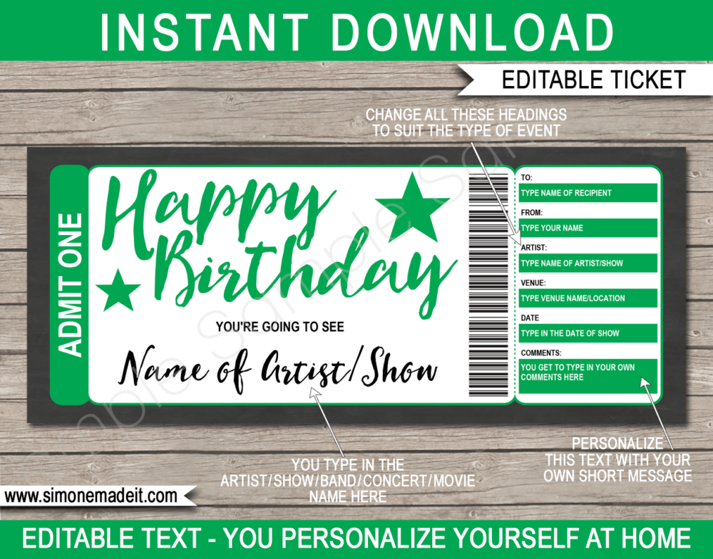 Printable Birthday Concert Ticket Gift Voucher template - Surprise Birthday Present to a Concert | Green | Editable & Printable DIY Voucher | Last Minute Surprise Gift | Concert, Show, Performance, Band, Artist, Music Festival, Movie | Instant Download via giftsbysimonemadeit.com
