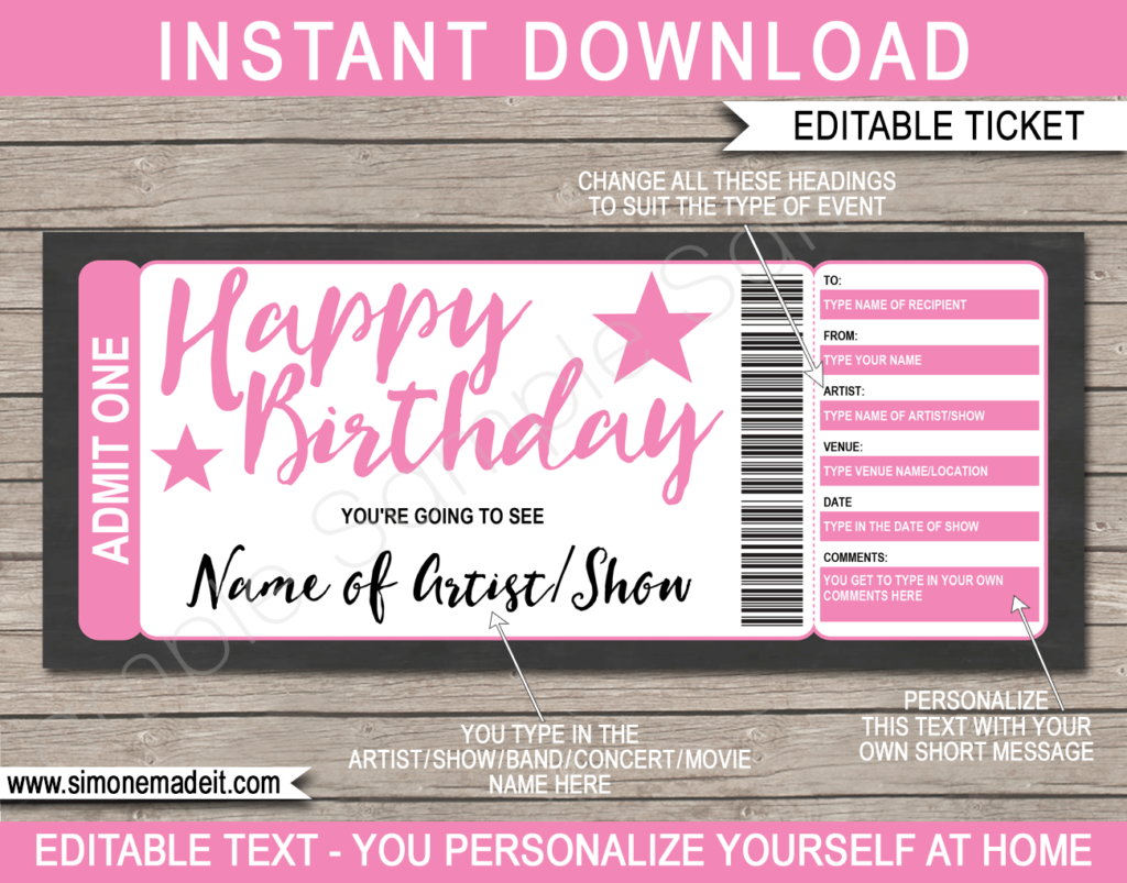 Printable Birthday Concert Ticket Gift Voucher template - Surprise Birthday Present to a Concert | Pink | Editable & Printable DIY Voucher | Last Minute Surprise Gift | Concert, Show, Performance, Band, Artist, Music Festival, Movie | Instant Download via giftsbysimonemadeit.com