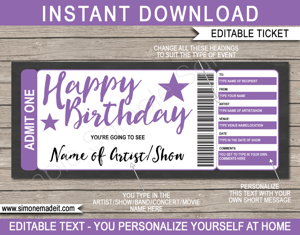 Printable Birthday Concert Ticket Gift Voucher template - Surprise Birthday Present to a Concert | Purple | Editable & Printable DIY Voucher | Last Minute Surprise Gift | Concert, Show, Performance, Band, Artist, Music Festival, Movie | Instant Download via giftsbysimonemadeit.com