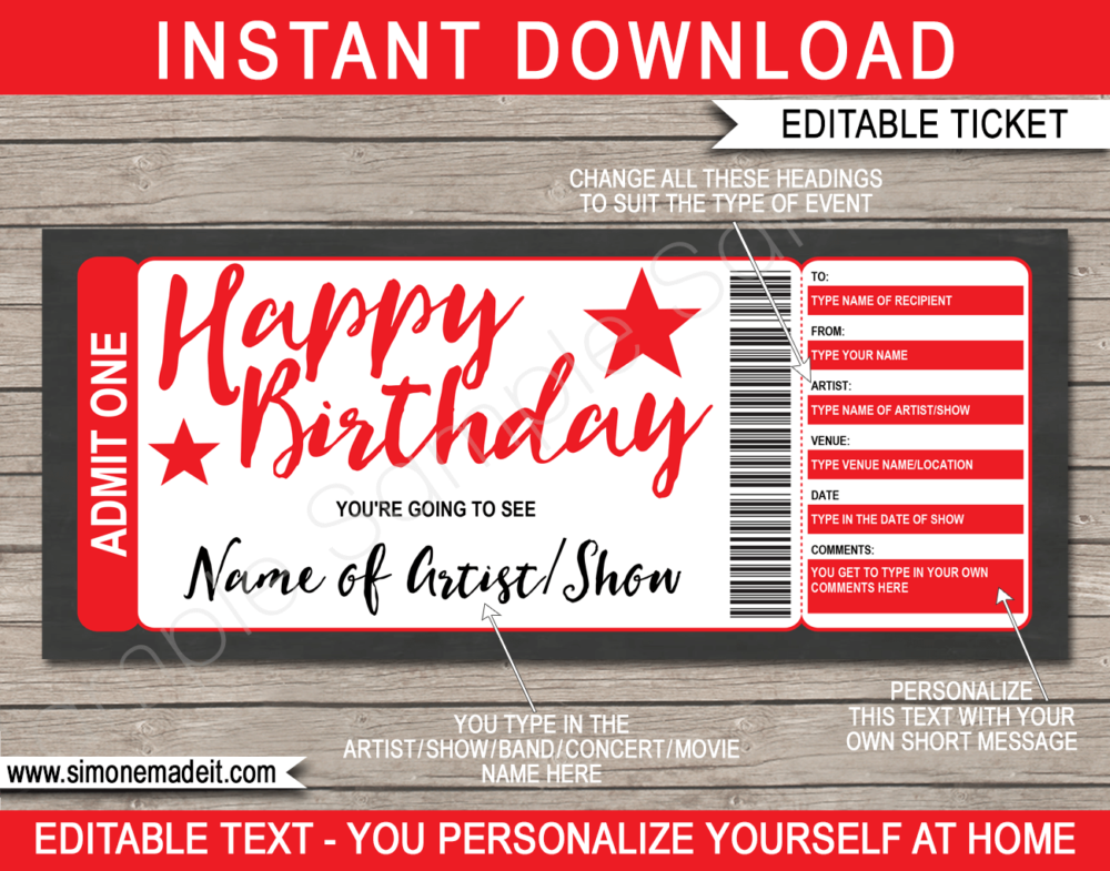 Printable Birthday Concert Ticket Gift Voucher template - Surprise Birthday Present to a Concert | Red | Editable & Printable DIY Voucher | Last Minute Surprise Gift | Concert, Show, Performance, Band, Artist, Music Festival, Movie | Instant Download via giftsbysimonemadeit.com