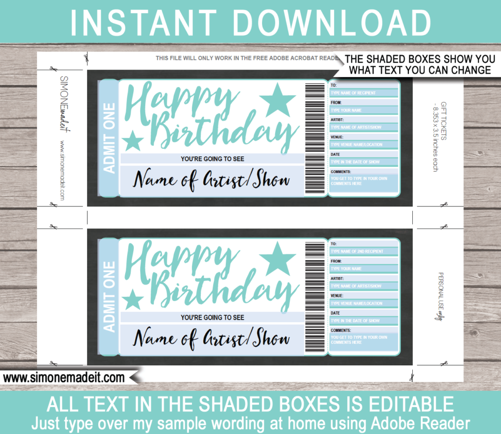 Printable Aqua Concert Ticket Birthday Gift Certificate template - Surprise Birthday Present to a Concert | Aqua | Editable & Printable DIY Voucher | Last Minute Surprise Gift | Concert, Show, Performance, Band, Artist, Music Festival, Movie | Instant Download via giftsbysimonemadeit.com