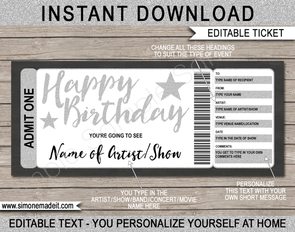 Printable Birthday Concert Ticket Gift Voucher template - Surprise Birthday Present to a Concert | Silver Glitter | Editable & Printable DIY Voucher | Last Minute Surprise Gift | Concert, Show, Performance, Band, Artist, Music Festival, Movie | Instant Download via giftsbysimonemadeit.com
