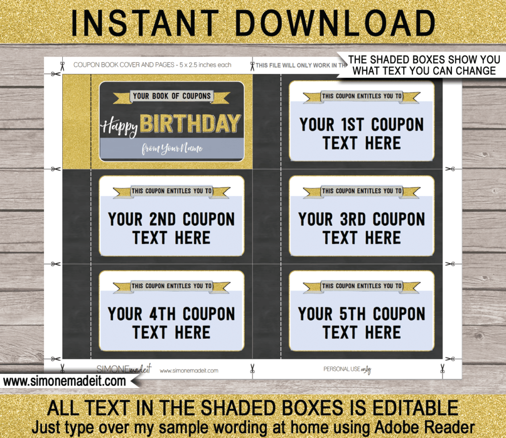 Birthday Coupon Book template | DIY editable custom Coupons for a birthday gift | boyfriend, girlfriend, husband, wife, mom, dad, sister, brother, family, friends | Editable & Printable Template | Gold Glitter & Chalkboard | Instant Download via simonemadeit.com