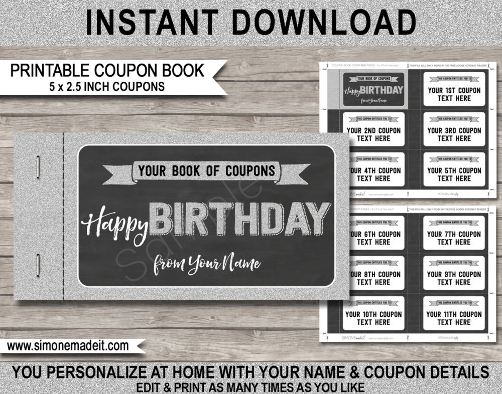 Printable Birthday Coupon Book template | DIY editable custom Coupons for a birthday gift | boyfriend, girlfriend, husband, wife, mom, dad, sister, brother, family, friends | Editable & Printable Template | Gold Glitter & Chalkboard | Instant Download via simonemadeit.com