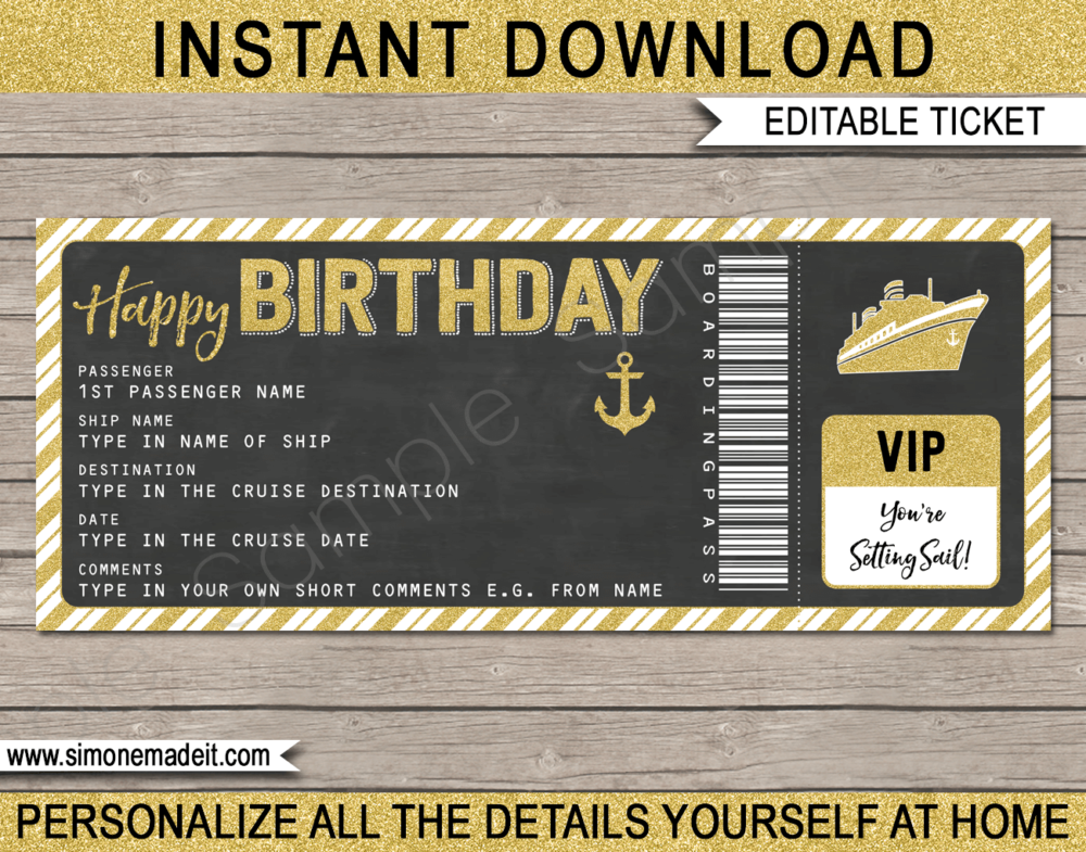 Printable Birthday Cruise Ticket Boarding Pass Gift Template | Gold Glitter & Chalkboard | Editable Gift Voucher | Surprise Cruise Reveal | Birthday Present | INSTANT DOWNLOAD via giftsbysimonemadeit.com
