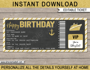 Printable Birthday Cruise Ticket Boarding Pass Gift Template | Gold Glitter & Chalkboard | Editable Gift Voucher | Surprise Cruise Reveal | Birthday Present | INSTANT DOWNLOAD via giftsbysimonemadeit.com