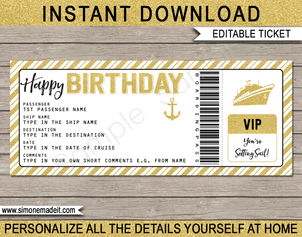 Printable Birthday Cruise Ticket Boarding Pass Gift Template | Gold Glitter & Chalkboard | Editable Gift Voucher | Surprise Cruise Reveal | Birthday Present | INSTANT DOWNLOAD via giftsbysimonemadeit.com