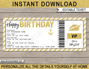 Printable Birthday Cruise Ticket Boarding Pass Gift Template | Gold Glitter & Chalkboard | Editable Gift Voucher | Surprise Cruise Reveal | Birthday Present | INSTANT DOWNLOAD via giftsbysimonemadeit.com