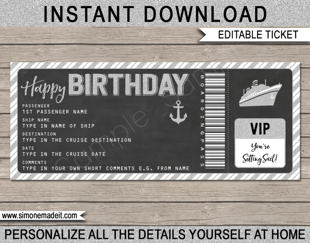 Printable Birthday Cruise Ticket Gift Template | Silver Glitter & Chalkboard | Editable Gift Voucher | Surprise Cruise Reveal | Birthday Present | INSTANT DOWNLOAD via giftsbysimonemadeit.com