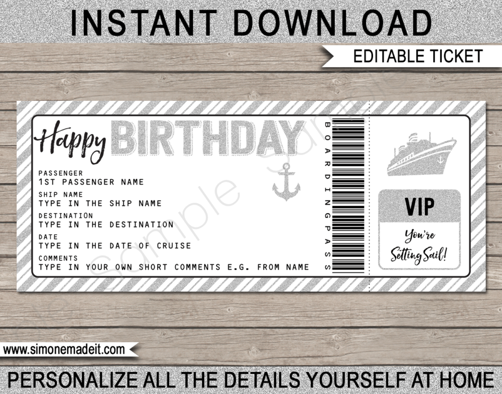 Printable Birthday Cruise Ticket Gift Template | Silver Glitter | Editable Gift Voucher | Surprise Cruise Reveal | Birthday Present | INSTANT DOWNLOAD via giftsbysimonemadeit.com