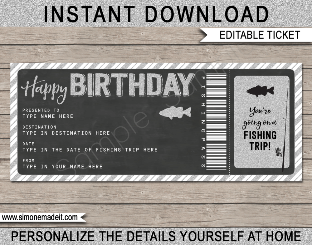 Printable Birthday Fishing Trip Ticket Gift Voucher Template | A Surprise Fishing Trip Ticket | Faux or Fake Fishing Pass | Birthday Present | DIY Editable & Printable Template | Instant Download via giftsbysimonemadeit.com