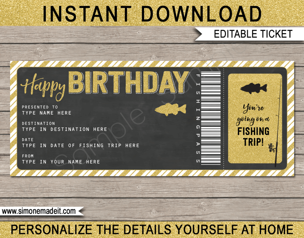 Printable Birthday Fishing Trip Ticket Gift Voucher Template | A Surprise Fishing Trip Ticket | Faux or Fake Fishing Pass | Birthday Present | DIY Editable & Printable Template | Instant Download via giftsbysimonemadeit.com