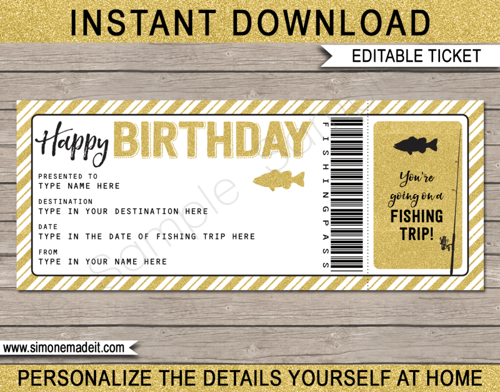 Printable Birthday Fishing Trip Ticket Gift Voucher Template | A Surprise Fishing Trip Ticket | Faux or Fake Fishing Pass | Birthday Present | DIY Editable & Printable Template | Instant Download via giftsbysimonemadeit.com