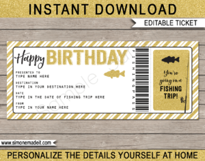 Printable Birthday Fishing Trip Ticket Gift Voucher Template | A Surprise Fishing Trip Ticket | Faux or Fake Fishing Pass | Birthday Present | DIY Editable & Printable Template | Instant Download via giftsbysimonemadeit.com