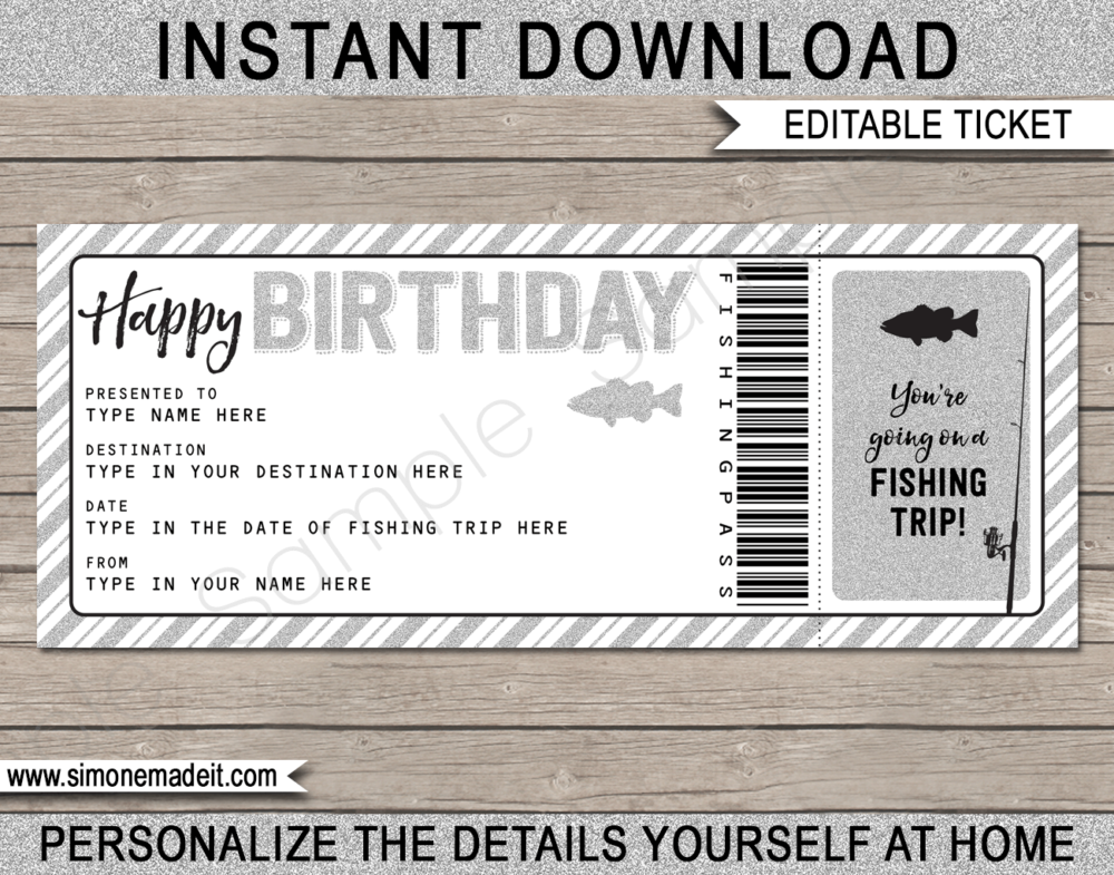 Printable Birthday Fishing Trip Ticket Gift Voucher Template | A Surprise Fishing Trip Ticket | Faux or Fake Fishing Pass | Birthday Present | DIY Editable & Printable Template | Instant Download via giftsbysimonemadeit.com