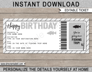 Printable Birthday Fishing Trip Ticket Gift Voucher Template | A Surprise Fishing Trip Ticket | Faux or Fake Fishing Pass | Birthday Present | DIY Editable & Printable Template | Instant Download via giftsbysimonemadeit.com