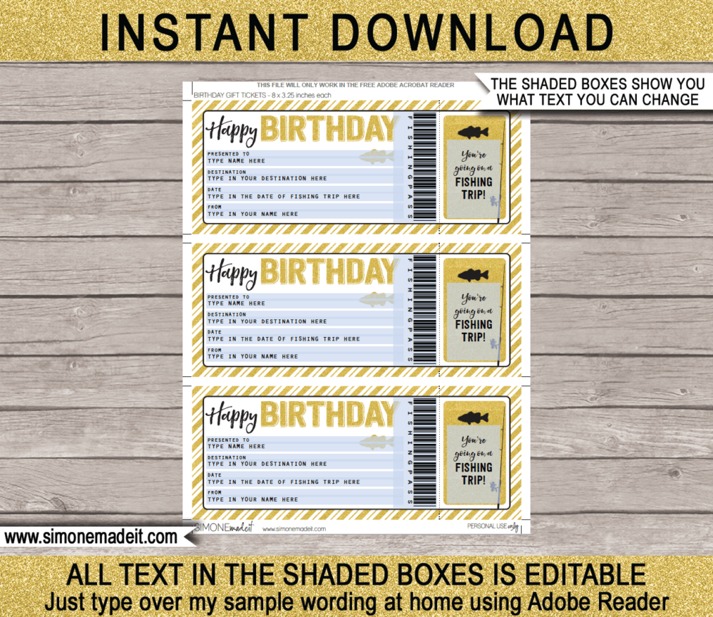 Printable Birthday Fishing Trip Ticket Gift Voucher Template | A Surprise Fishing Trip Ticket | Faux or Fake Fishing Pass | Birthday Present | DIY Editable & Printable Template | Instant Download via giftsbysimonemadeit.com