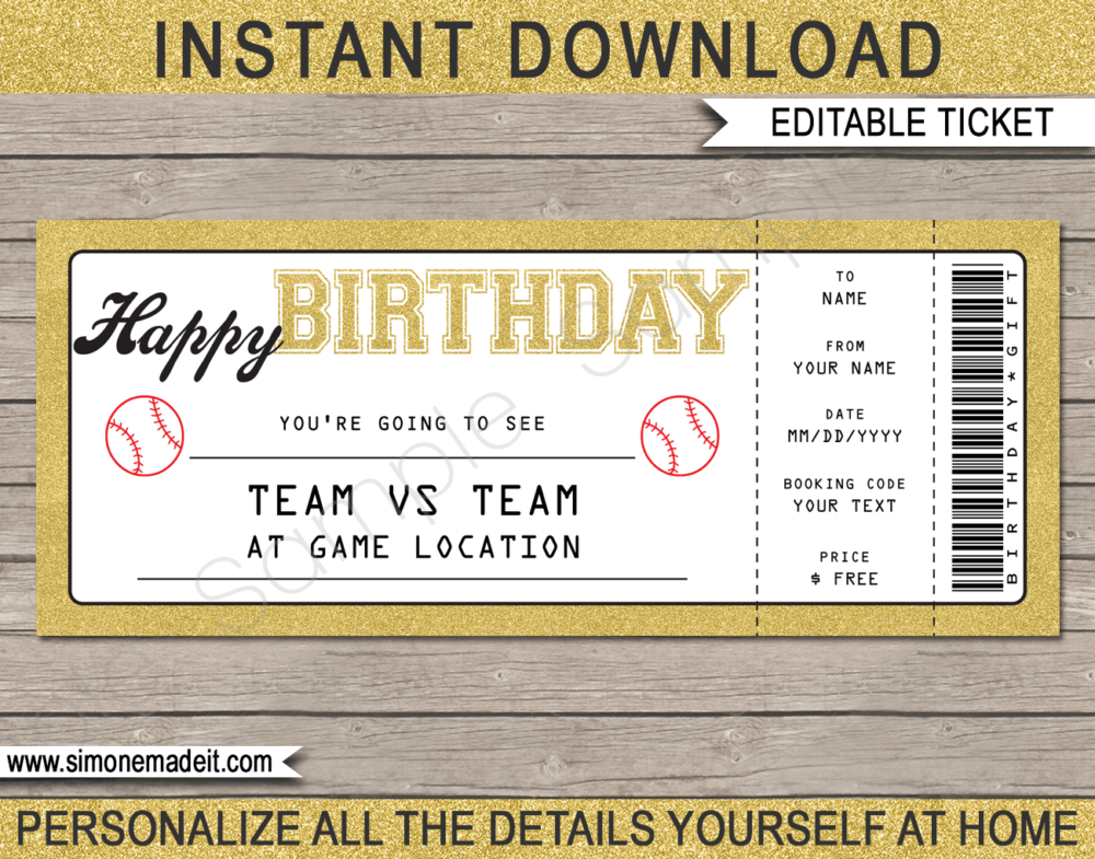 Baseball Game Ticket Birthday Gift Voucher Template - Surprise tickets to a Baseball Game - Gift Certificate - Birthday present - DIY Editable & Printable Template | INSTANT DOWNLOAD via giftsbysimonemadeit.com #baseballgifttickets #lastminutegift #ticketottheballgame