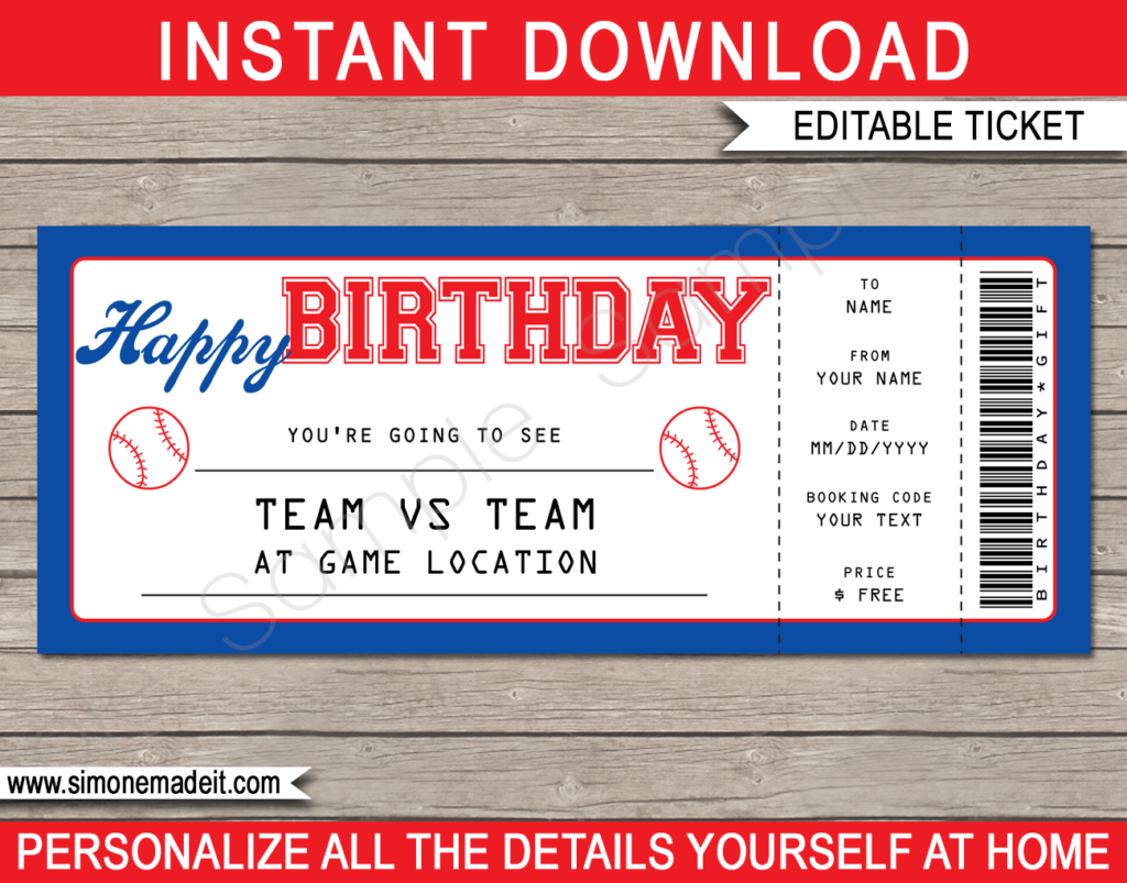 Baseball Game Ticket Birthday Gift Voucher Template - Surprise tickets to a Baseball Game - Gift Certificate - Birthday present - DIY Editable & Printable Template | INSTANT DOWNLOAD via giftsbysimonemadeit.com #baseballgifttickets #lastminutegift #ticketottheballgame