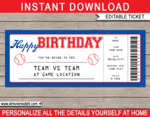 Baseball Game Ticket Birthday Gift Voucher Template - Surprise tickets to a Baseball Game - Gift Certificate - Birthday present - DIY Editable & Printable Template | INSTANT DOWNLOAD via giftsbysimonemadeit.com #baseballgifttickets #lastminutegift #ticketottheballgame