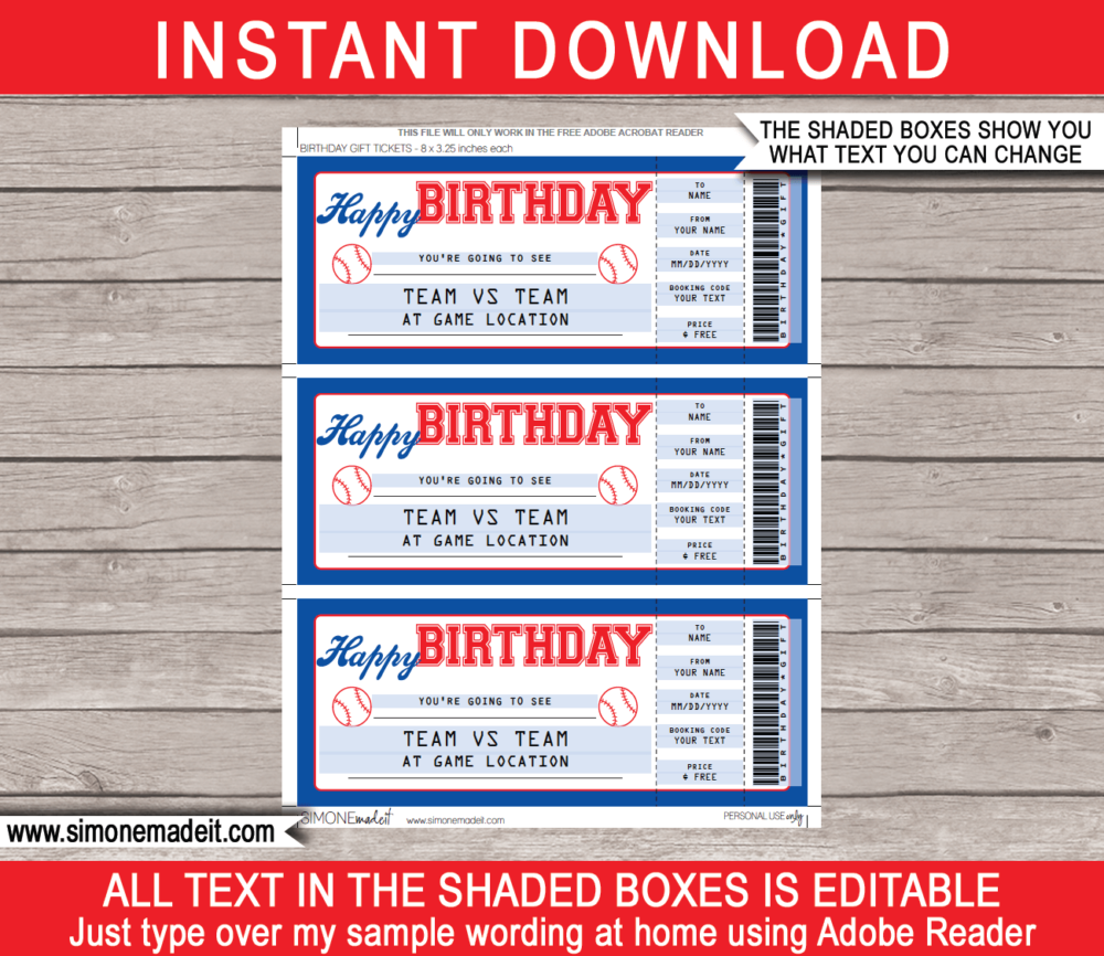 Baseball Game Ticket Birthday Gift Voucher Template - Surprise tickets to a Baseball Game - Gift Certificate - Birthday present - DIY Editable & Printable Template | INSTANT DOWNLOAD via giftsbysimonemadeit.com #baseballgifttickets #lastminutegift #ticketottheballgame