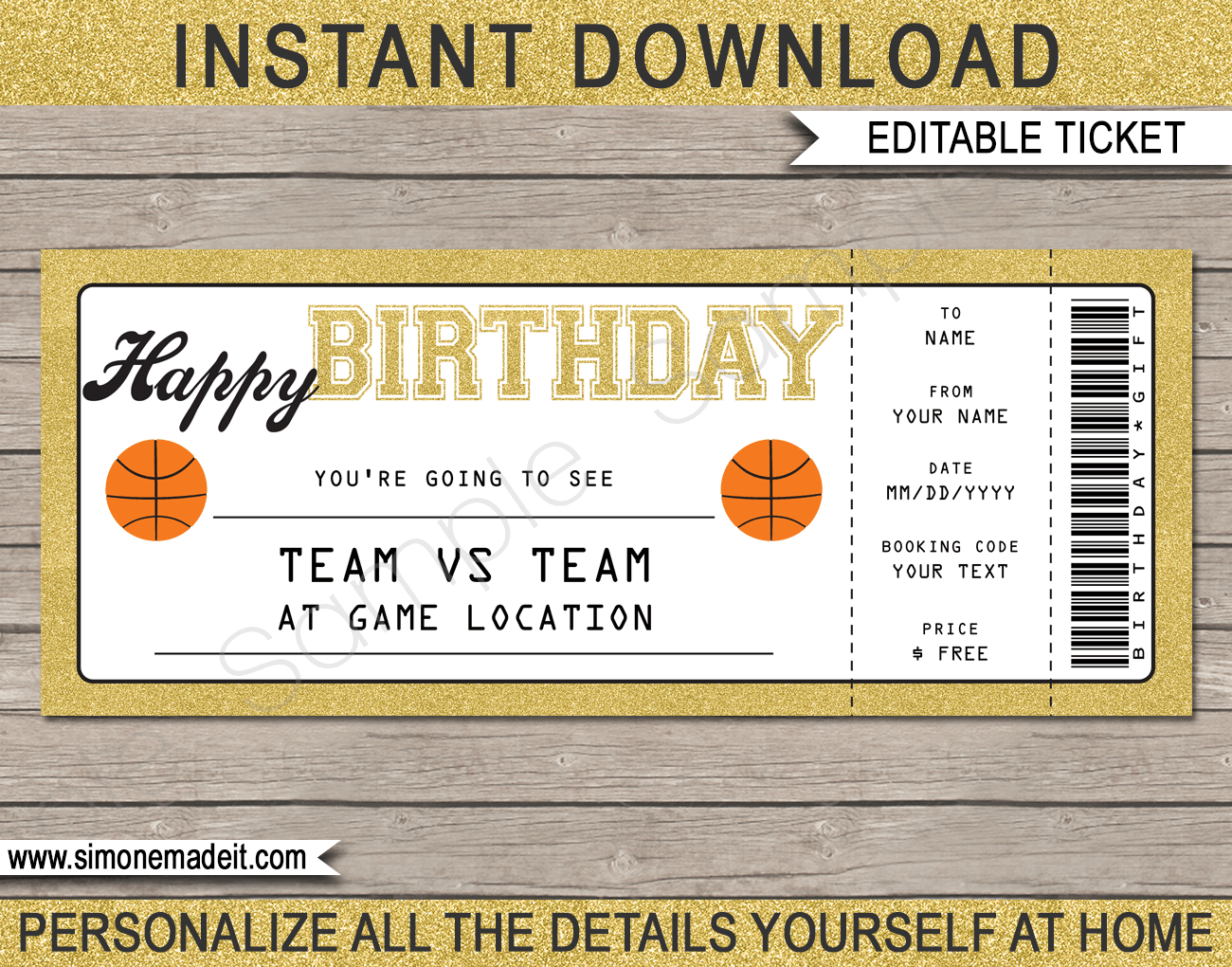 Basketball Game Ticket Birthday Gift Voucher Printable Ticket Template