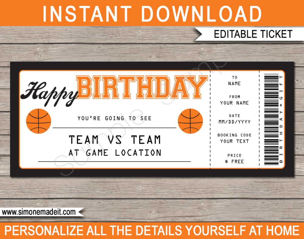 Birthday Basketball Game Ticket Birthday Gift Voucher Template - Surprise tickets to a Basketball Game - Gift Certificate - Birthday present - DIY Editable & Printable Template | INSTANT DOWNLOAD via giftsbysimonemadeit.com #basketballgifttickets #lastminutegift #ticketotthebasketball