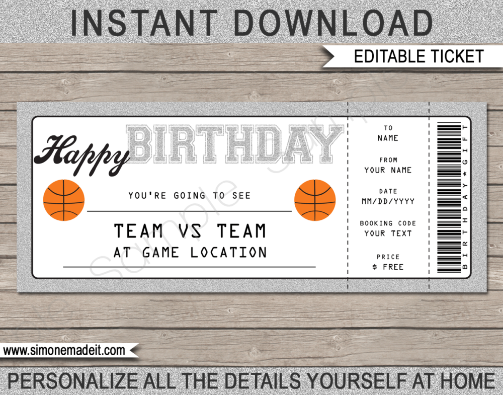 Basketball Game Ticket Birthday Gift Voucher Template - Surprise tickets to a Basketball Game - Gift Certificate - Birthday present - DIY Editable & Printable Template | INSTANT DOWNLOAD via giftsbysimonemadeit.com #basketballgifttickets #lastminutegift #ticketotthebasketball