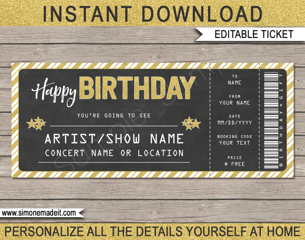 Printable Concert Ticket Template - Surprise Birthday Gift to a Concert | Chalkboard & Gold Glitter | Editable & Printable DIY Gift Voucher | Last Minute Gift | Concert, Show, Performance, Band, Artist, Music Festival | Happy Birthday Present | Instant Download via giftsbysimonemadeit.com